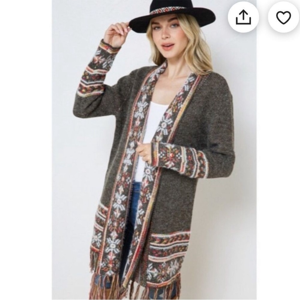 Nostalgia Women's Multicolor Nordic Pattern Fringe‎ Hem Cardigan Boho Aztec M